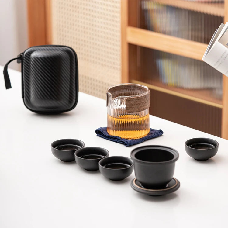 Portable Outdoor Travel Ceramic Pot and White Glass Teapot Set Chinese Tea Cups for Drinkware Use