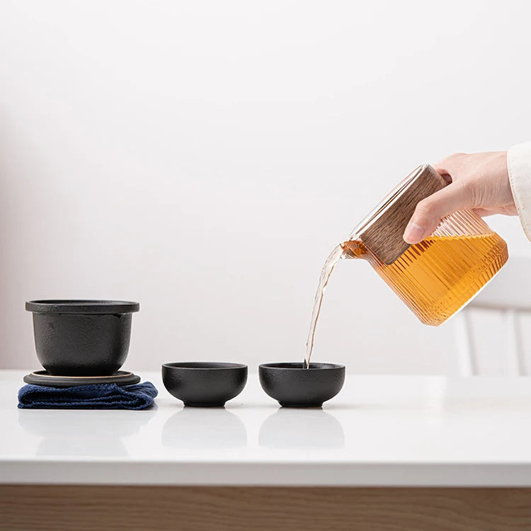 Portable Outdoor Travel Ceramic Pot and White Glass Teapot Set Chinese Tea Cups for Drinkware Use