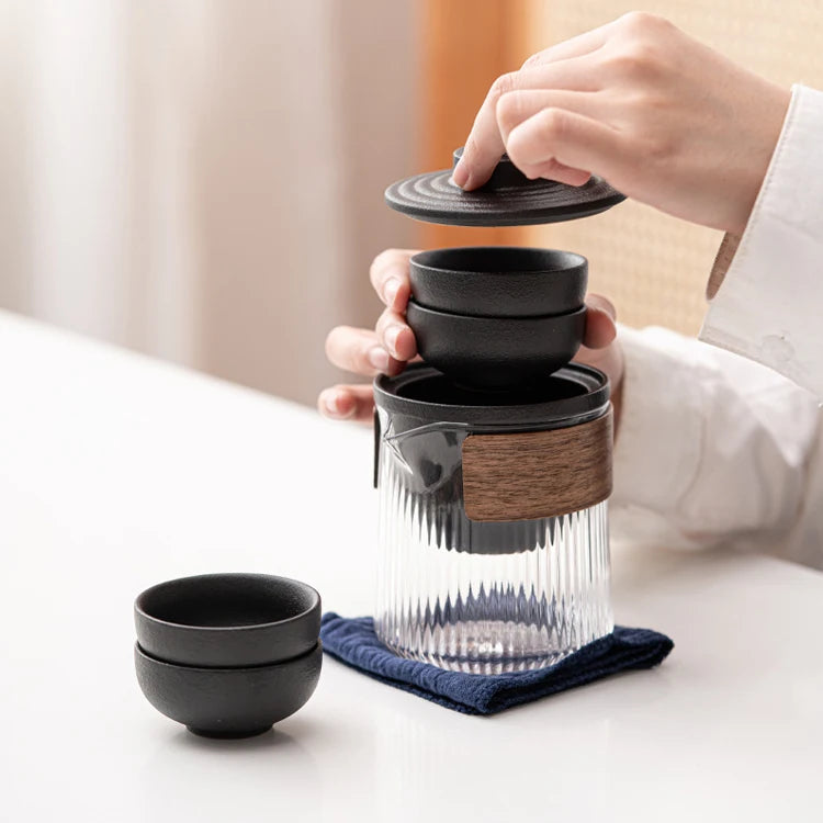 Portable Outdoor Travel Ceramic Pot and White Glass Teapot Set Chinese Tea Cups for Drinkware Use