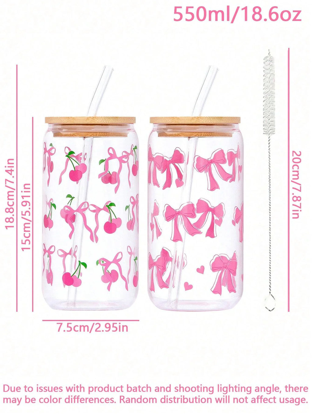 500ml Cute Bow Glass Cup Love Cherry Graffiti Pattern Water Bottle Coffee Cups With Lids Straw Brush Valentine's Day Party Gift