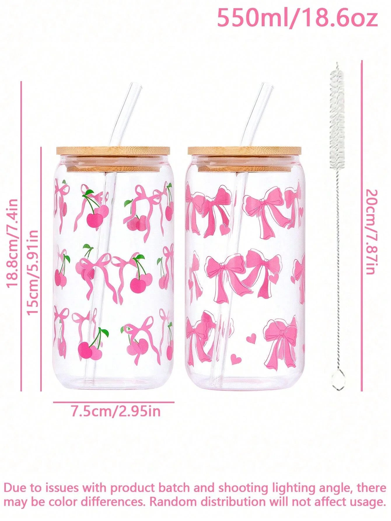 500ml Cute Bow Glass Cup Love Cherry Graffiti Pattern Water Bottle Coffee Cups With Lids Straw Brush Valentine's Day Party Gift