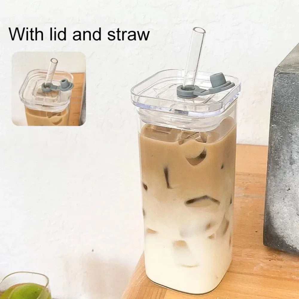 Square Glass Coffee Mug with Lid & Straw