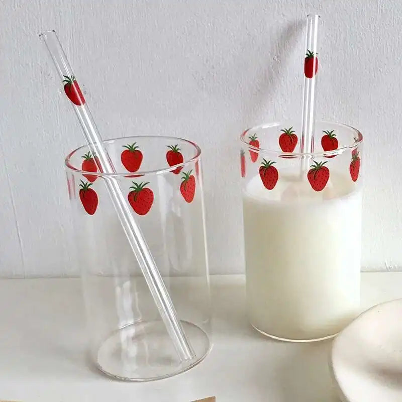 300 ML High Borosilicate Nana Cute Strawberry Water Milk Drinking Glasses Cup with Straw Upgrade Thickened Version Gift