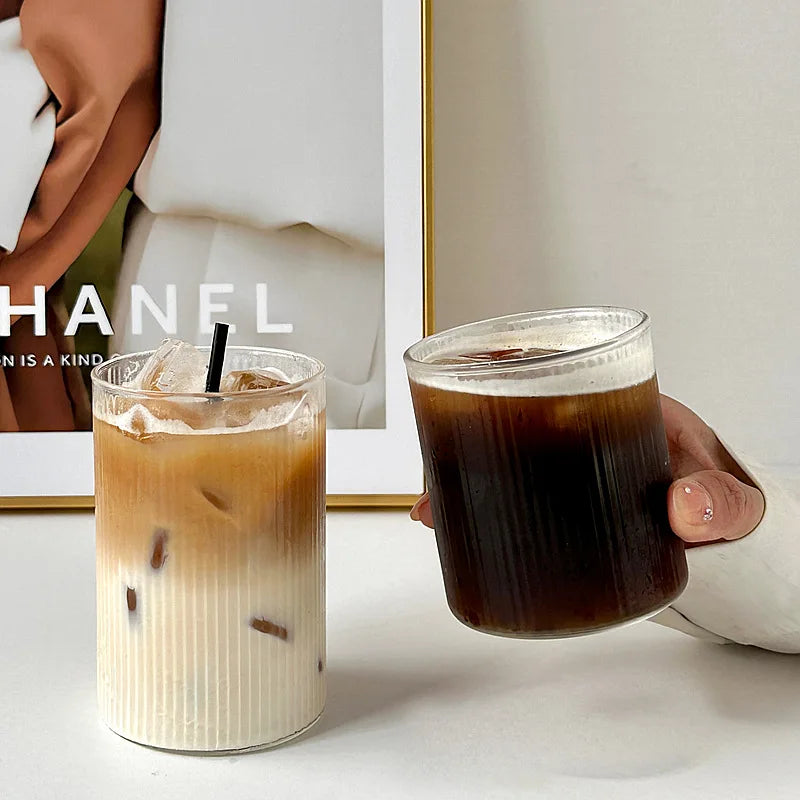 Glass Cup Household Stripe Coffee Milk Glass Transparent Glasses Ice Juice Mug Tea Latte Cup Drinkware Retro Home Decor