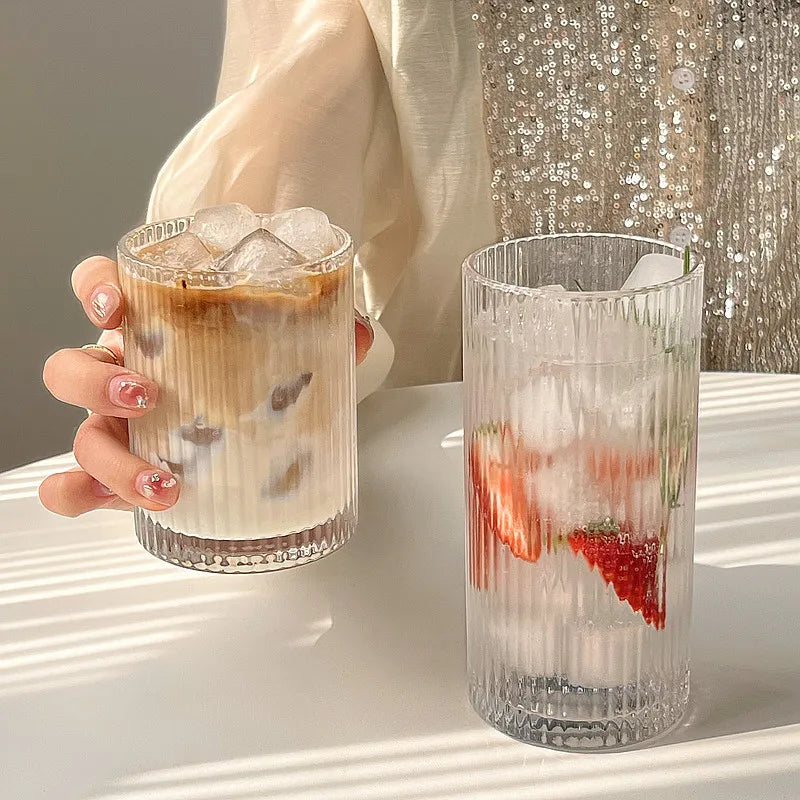 Simple striped glass cup Americano coffee cup juice cup cold drink cup milk breakfast cup suitable for coffee shop hotel party