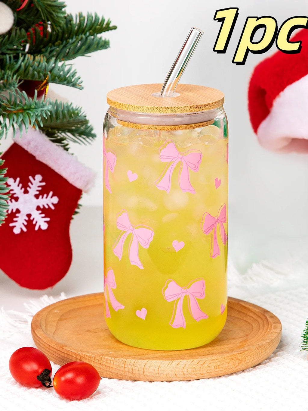 500ml Cute Bow Glass Cup Love Cherry Graffiti Pattern Water Bottle Coffee Cups With Lids Straw Brush Valentine's Day Party Gift