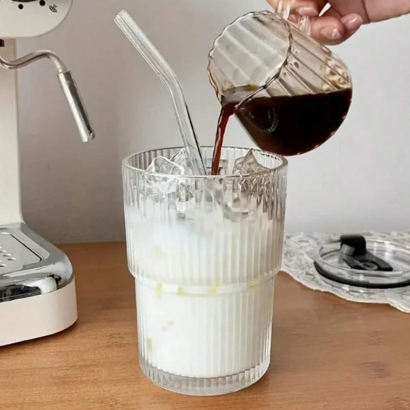 6 pieces, 13.5oz/400ml, ribbed glassware vintage vertical striped glass cup-an elegant drinking utensil suitable for iced coffee