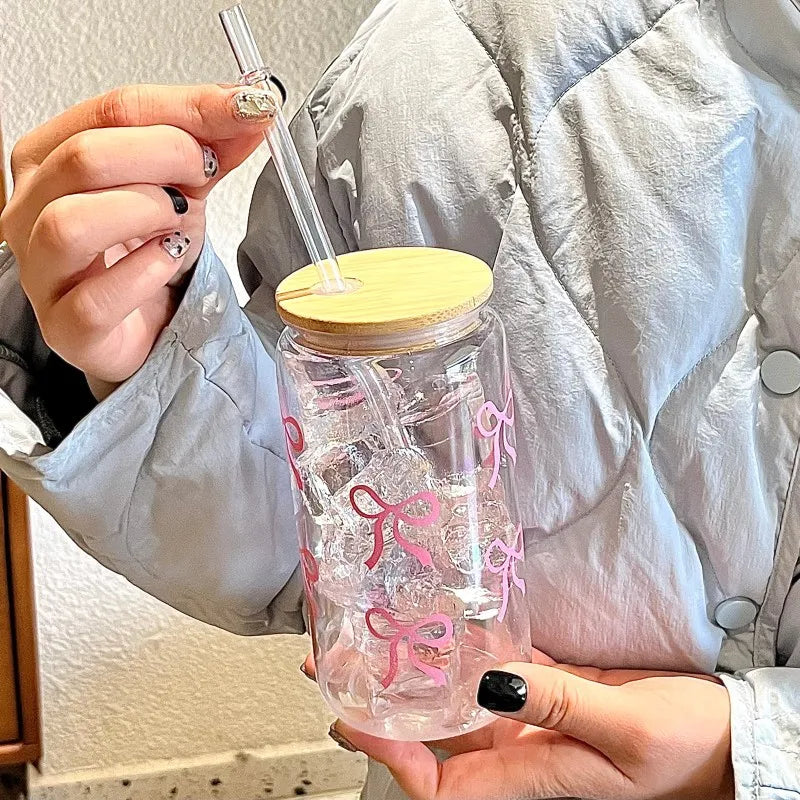 500ml Cute Bow Glass Cup Tumbler Mason Jar Shaped Water Bottle With Lids Straw Coffee Cups Party Gift for Iced Coffee Juice Cup