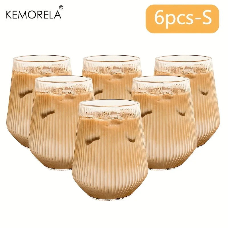 KEMORELA 4/6PCS Heat-Resistant Vertical Stripes Clear Coffee Glass Water Cup Milk Beer Juice Tea Cup Drinking Cup Kitchen Party
