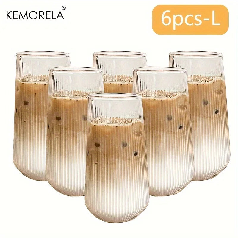 KEMORELA 4/6PCS Heat-Resistant Vertical Stripes Clear Coffee Glass Water Cup Milk Beer Juice Tea Cup Drinking Cup Kitchen Party