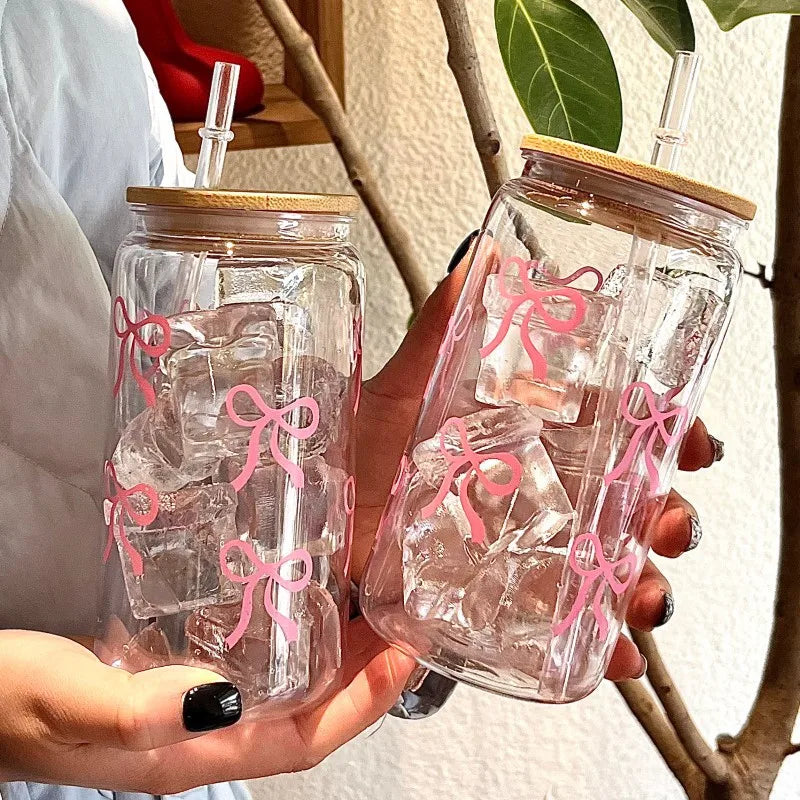 500ml Cute Bow Glass Cup Tumbler Mason Jar Shaped Water Bottle With Lids Straw Coffee Cups Party Gift for Iced Coffee Juice Cup