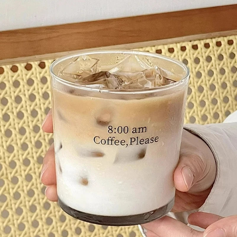 Iced Coffee Cup,INS Style Latte Glass ,Creative Letter Coffee Glasses,Cup with lid and straw，A gift to friends
