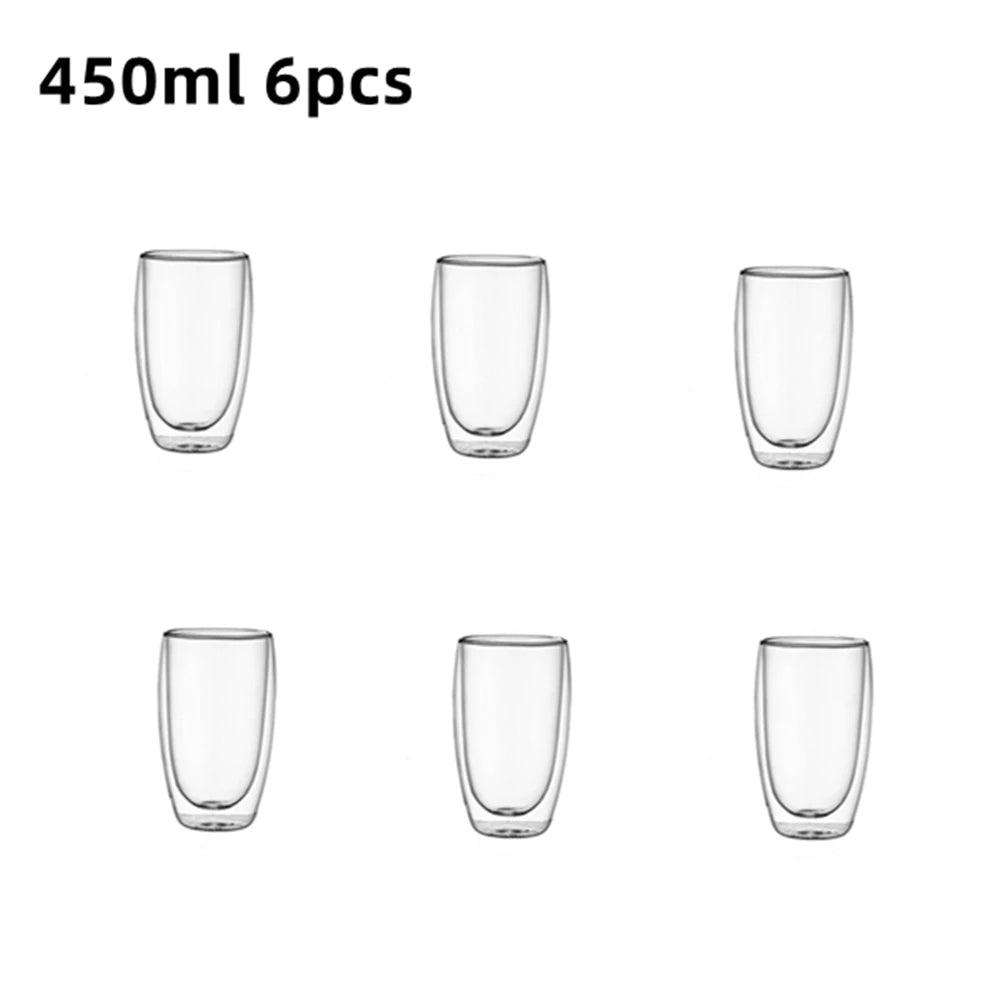6pcs Double-Wall Insulated Glass Espresso Cups 80/150/250/350/450ml Insulated Thermal Glass Coffee Mug for Tea/Juice/Milk, Latte