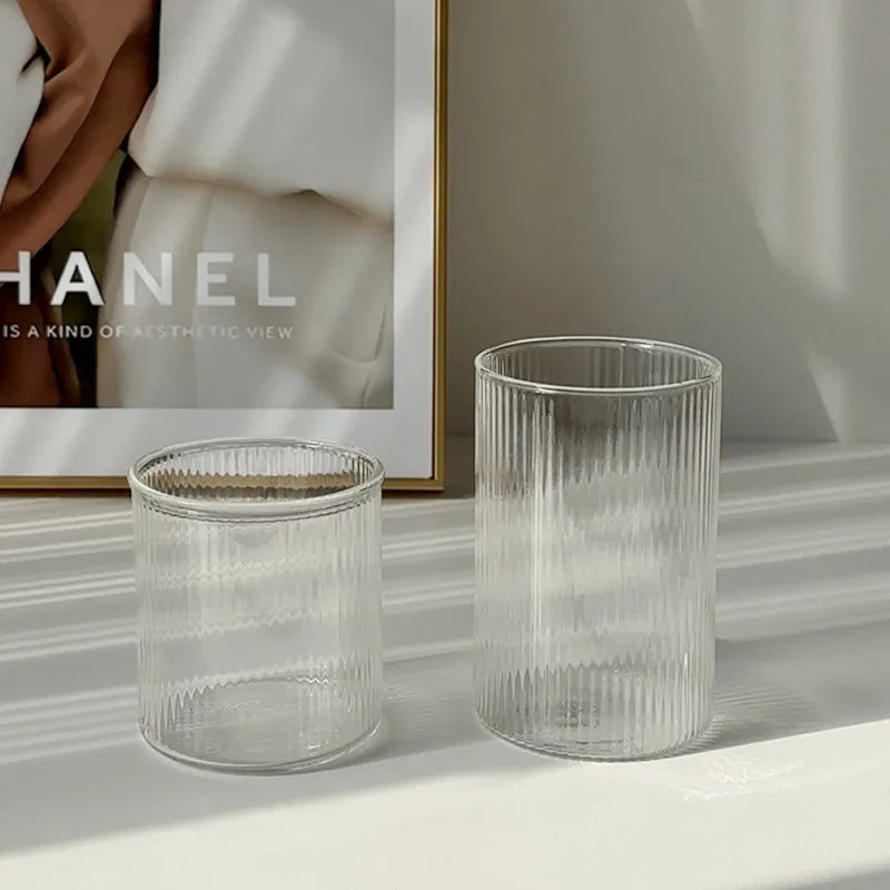Glass Cup Household Stripe Coffee Milk Glass Transparent Glasses Ice Juice Mug Tea Latte Cup Drinkware Retro Home Decor