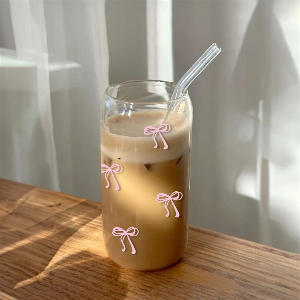 500ml Pink Bow Cute Glass Cups with Lids and Straw Tumbler Glass Cup for Iced Milk Coffee Smoothie Cocktail Matcha Juice Cup
