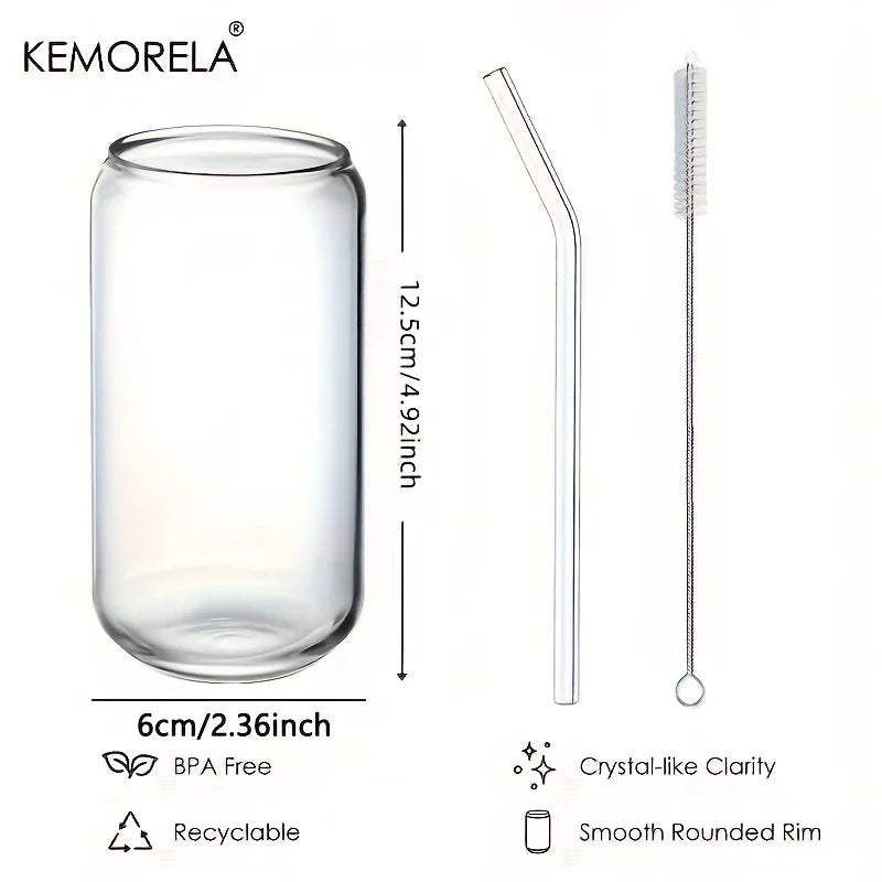 KEMORELA 1/4 Set Glass Cup With Lid and Without Cover Straw Transparent Bubble Tea Cup Glass Beer Can Milk Mocha Mug Drinkware