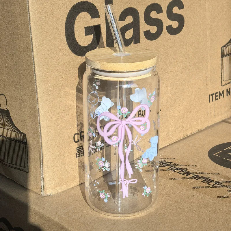 500ml Cute Bow Glass Cup Tumbler Mason Jar Shaped Water Bottle With Lids Straw Coffee Cups Party Gift for Iced Coffee Juice Cup