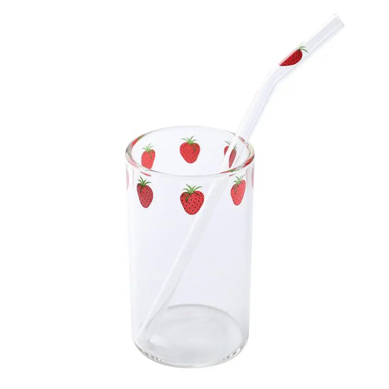 Ins Nana Strawberry Glasses Heat Resistant Coffee Milk Water Cups With Straws Clear Cute Juice Smoothie Cold Drinks Straw Cup
