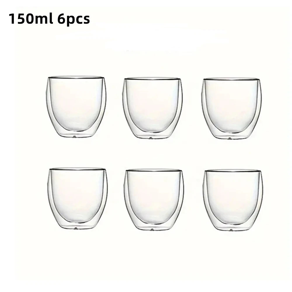6pcs Double-Wall Insulated Glass Espresso Cups 80/150/250/350/450ml Insulated Thermal Glass Coffee Mug for Tea/Juice/Milk, Latte