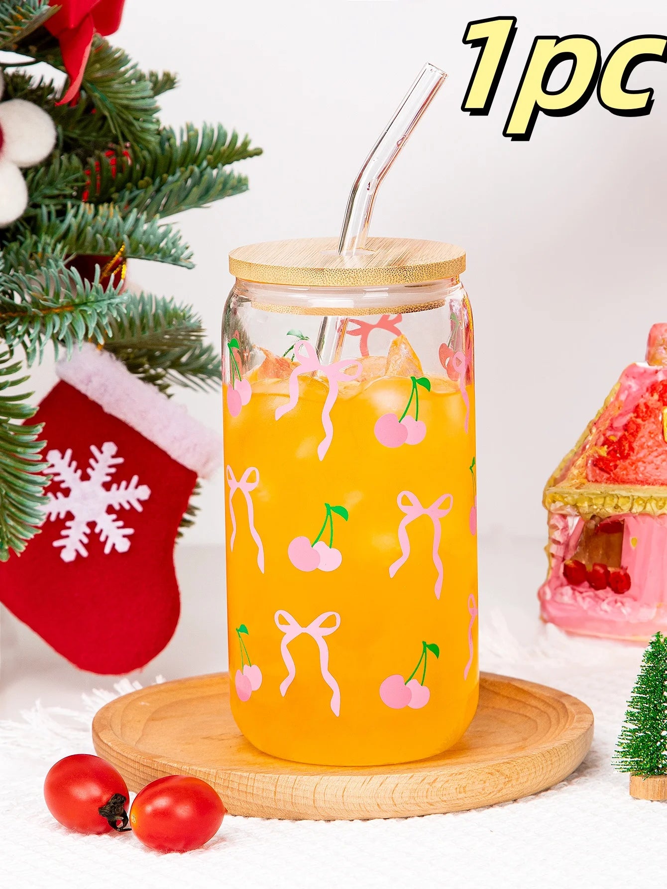 500ml Cute Bow Glass Cup Love Cherry Graffiti Pattern Water Bottle Coffee Cups With Lids Straw Brush Valentine's Day Party Gift