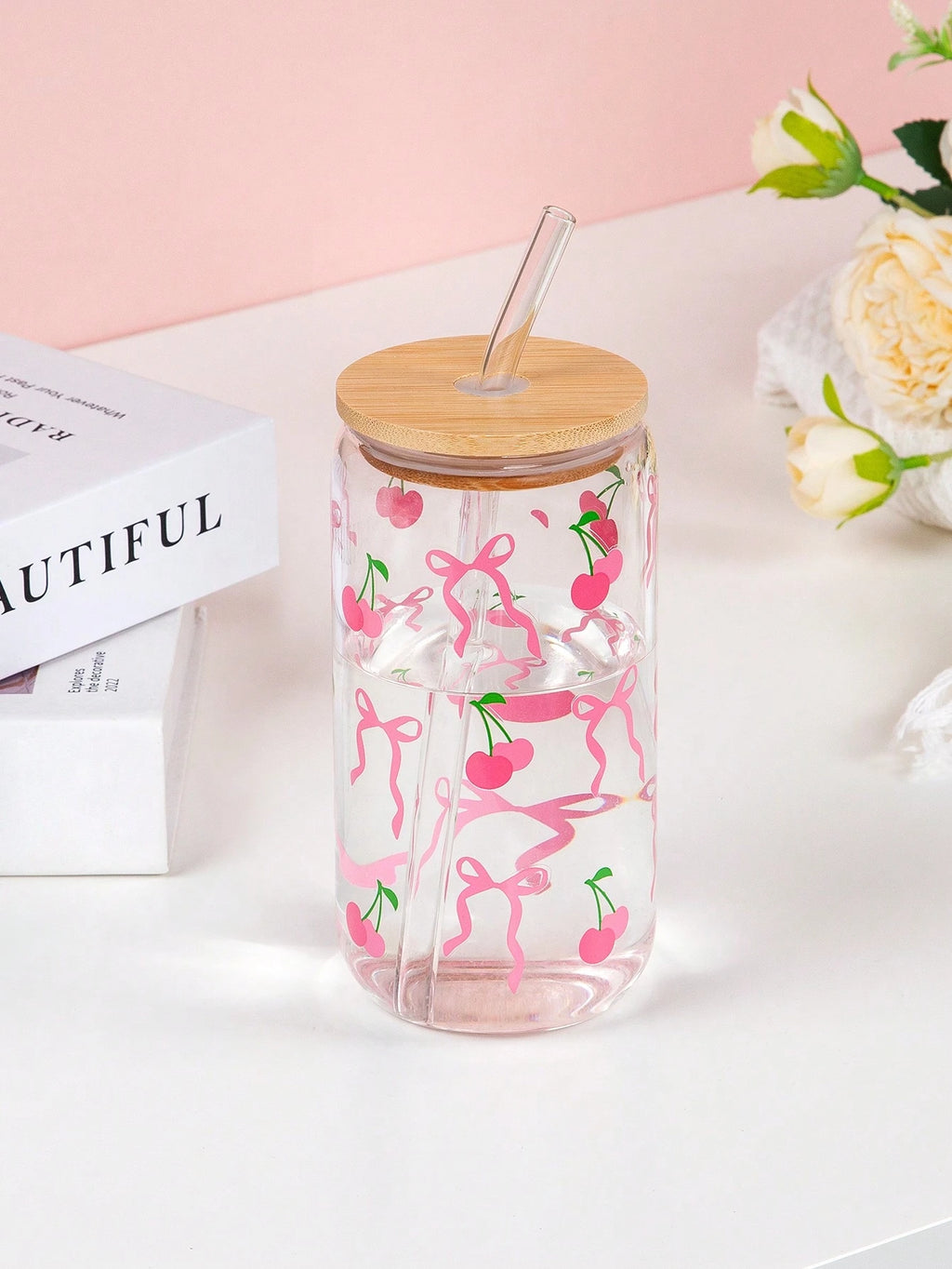 500ml Cute Bow Glass Cup Love Cherry Graffiti Pattern Water Bottle Coffee Cups With Lids Straw Brush Valentine's Day Party Gift