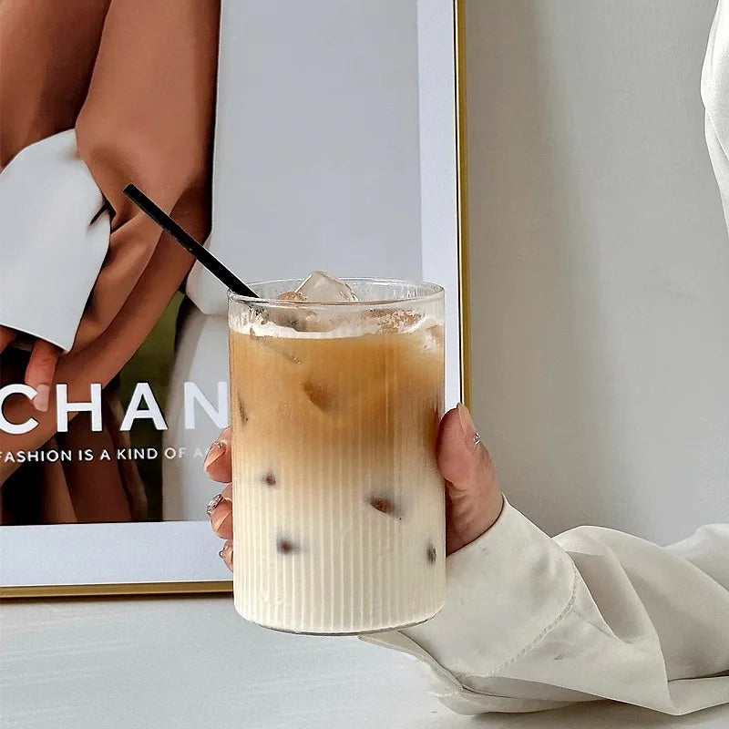 Glass Cup Household Stripe Coffee Milk Glass Transparent Glasses Ice Juice Mug Tea Latte Cup Drinkware Retro Home Decor