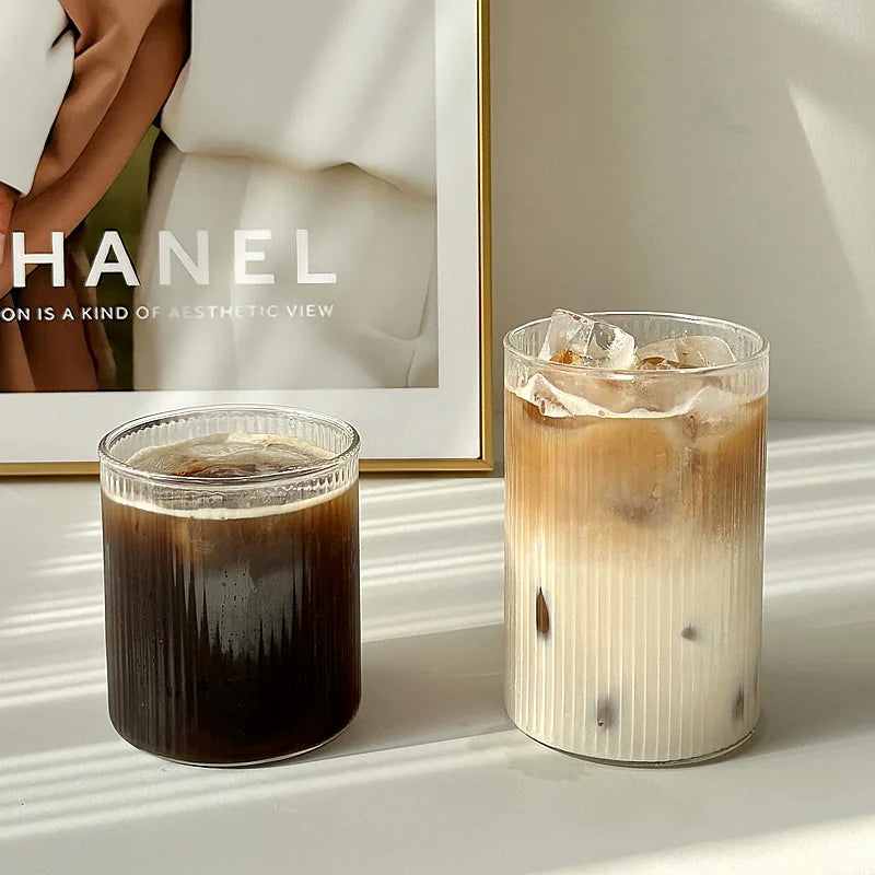 Glass Cup Household Stripe Coffee Milk Glass Transparent Glasses Ice Juice Mug Tea Latte Cup Drinkware Retro Home Decor