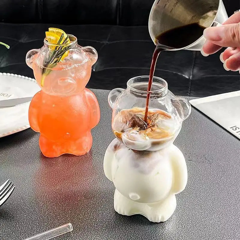 1/2pcs Cartoon Bear Shaped Glass Cup With Straw 300ml Transparent Juice Cocktail Glass Cup Restaurant Home Coffee Milk Cup