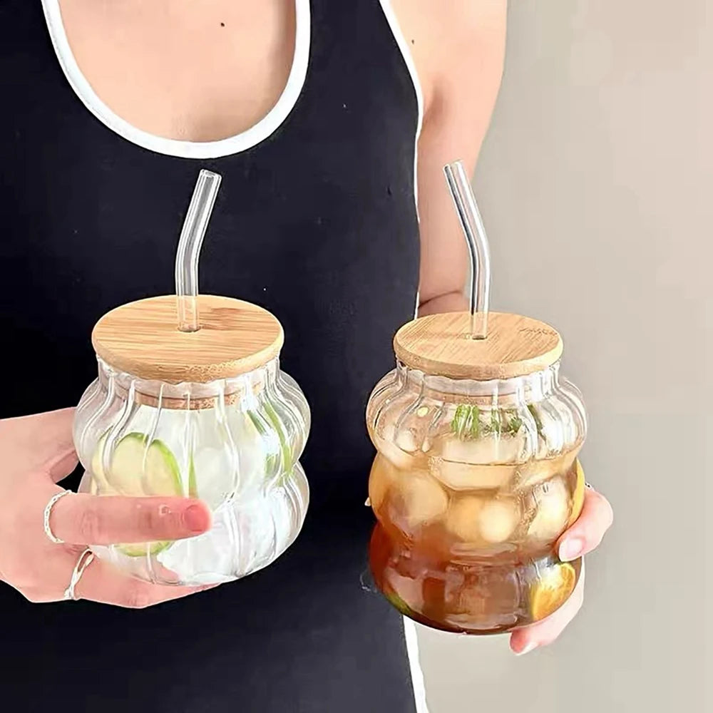 Ins Glass Cup with Straw Clear Juice Milk Straw Cup with Bamboo Lid Drinkware Simple Tumbler Latte Coffee Cup Mason Jar Mug