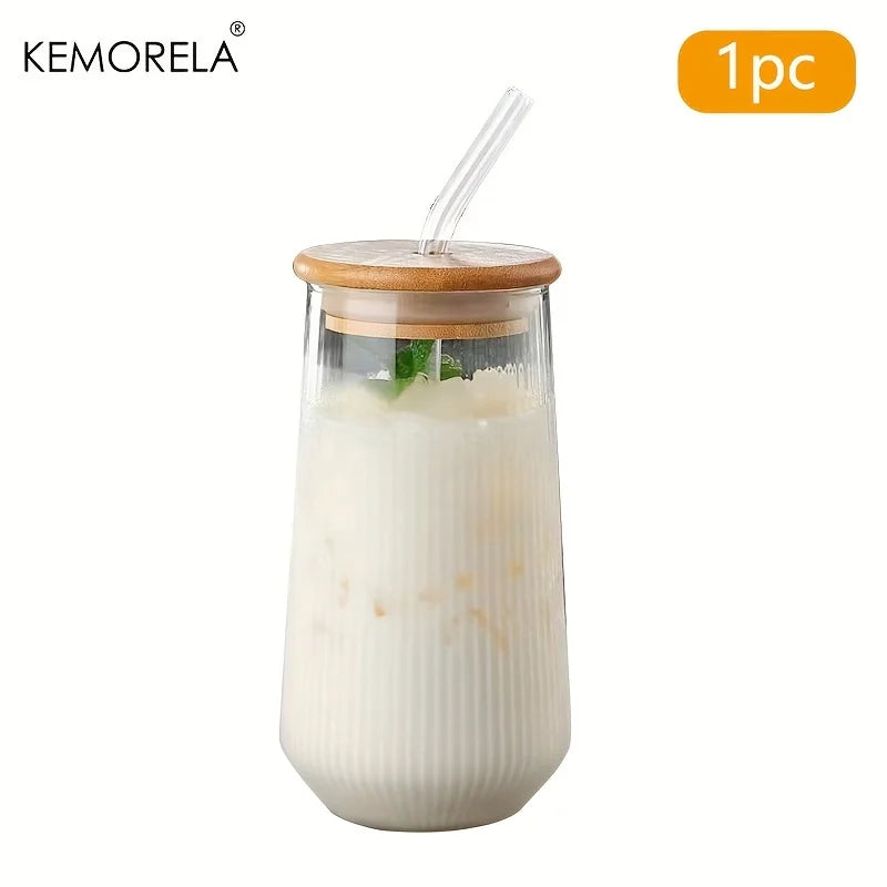 KEMORELA 1/2PCS Vertical Striped Glass With Lid and Straw Vertical Stripes - Suitable For Coffee Milk Juice Whiskey Soda Cups