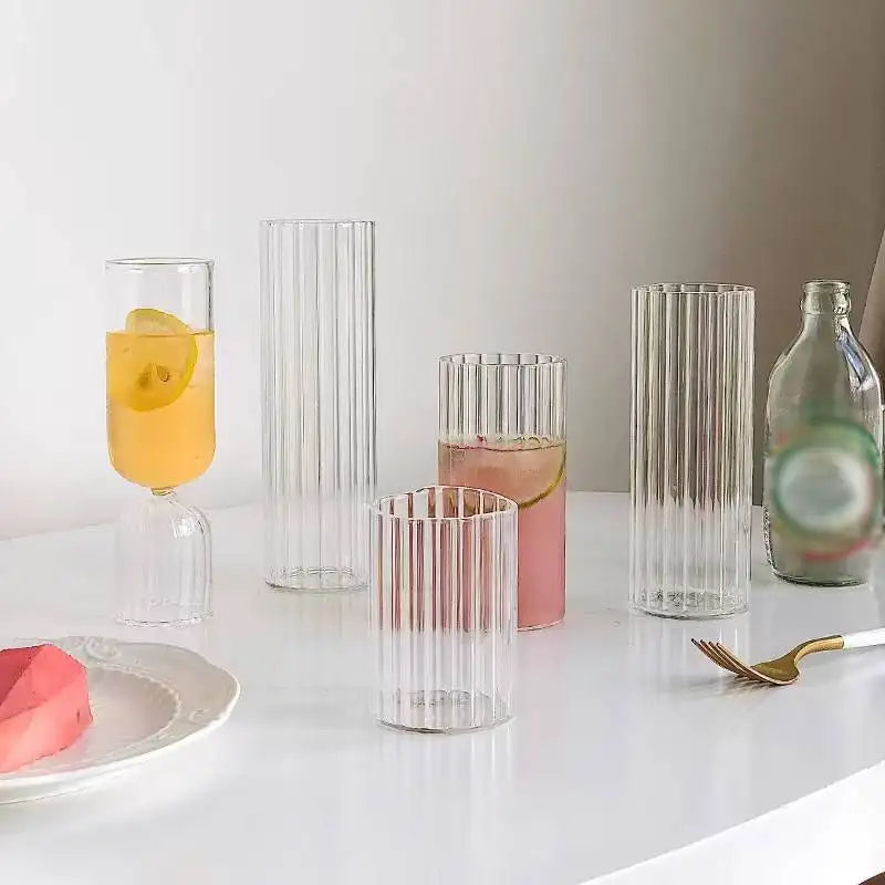 Heat-Resistant Stripe Glass Cup Transparent Coffee Mug Drinking Glasses Juice Milk Tea Cups Cocktail Glasses Beverages Drinkware