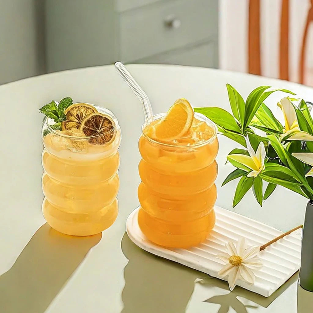 4pcs Creative Glass Cups Coffee Mug Clear Drinking Glasses Ribbed Glassware Cups With Straws Set Cocktail Fruit Glass Drinkware