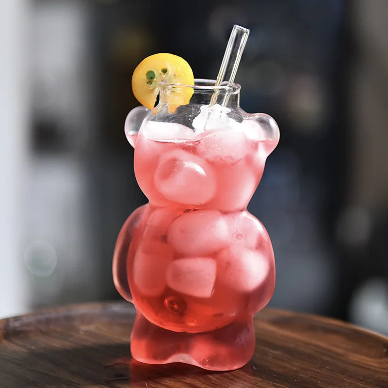 1/2pcs Cartoon Bear Shaped Glass Cup With Straw 300ml Transparent Juice Cocktail Glass Cup Restaurant Home Coffee Milk Cup