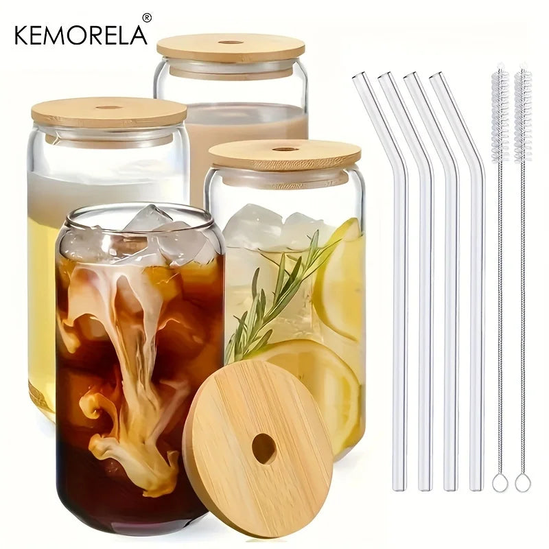 KEMORELA 1/4 Set Glass Cup With Lid and Without Cover Straw Transparent Bubble Tea Cup Glass Beer Can Milk Mocha Mug Drinkware
