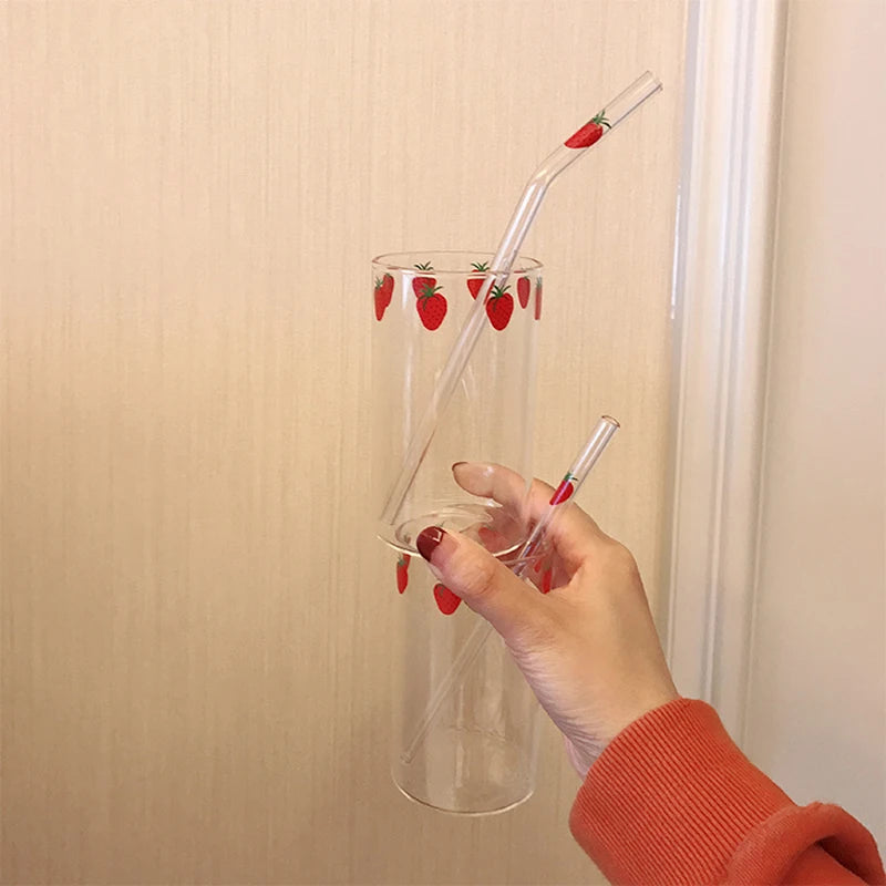 Ins Kawaii Style Mugs Strawberry Glasses Coffee Milk Water Glass Cups with Straws Clear Cute Juice Gifts for Girl Lady Set