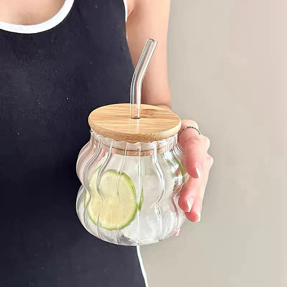 Ins Glass Cup with Straw Clear Juice Milk Straw Cup with Bamboo Lid Drinkware Simple Tumbler Latte Coffee Cup Mason Jar Mug