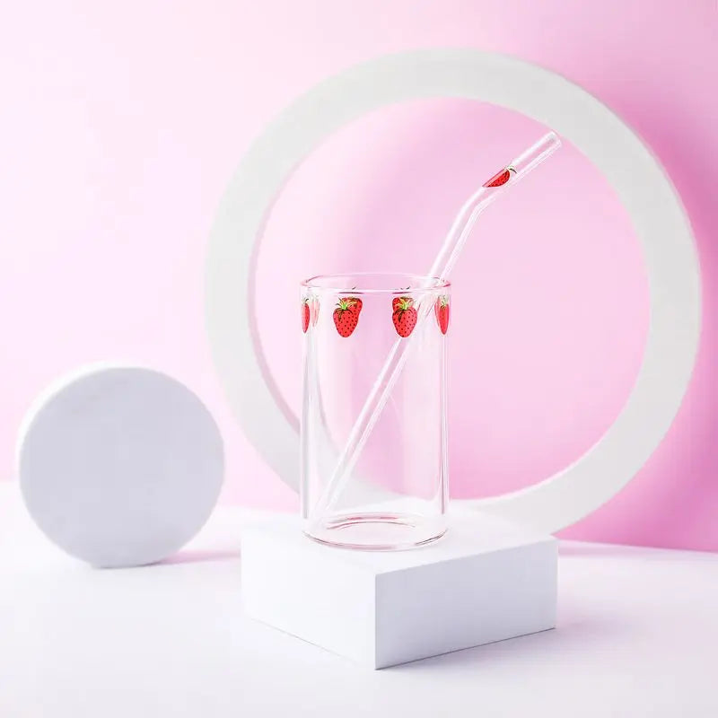 Ins Nana Strawberry Glasses Heat Resistant Coffee Milk Water Cups With Straws Clear Cute Juice Smoothie Cold Drinks Straw Cup
