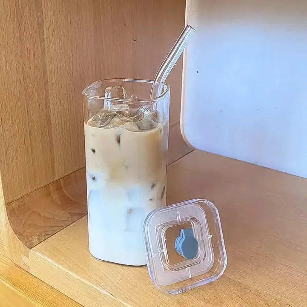 Square Glass Coffee Mug with Lid & Straw
