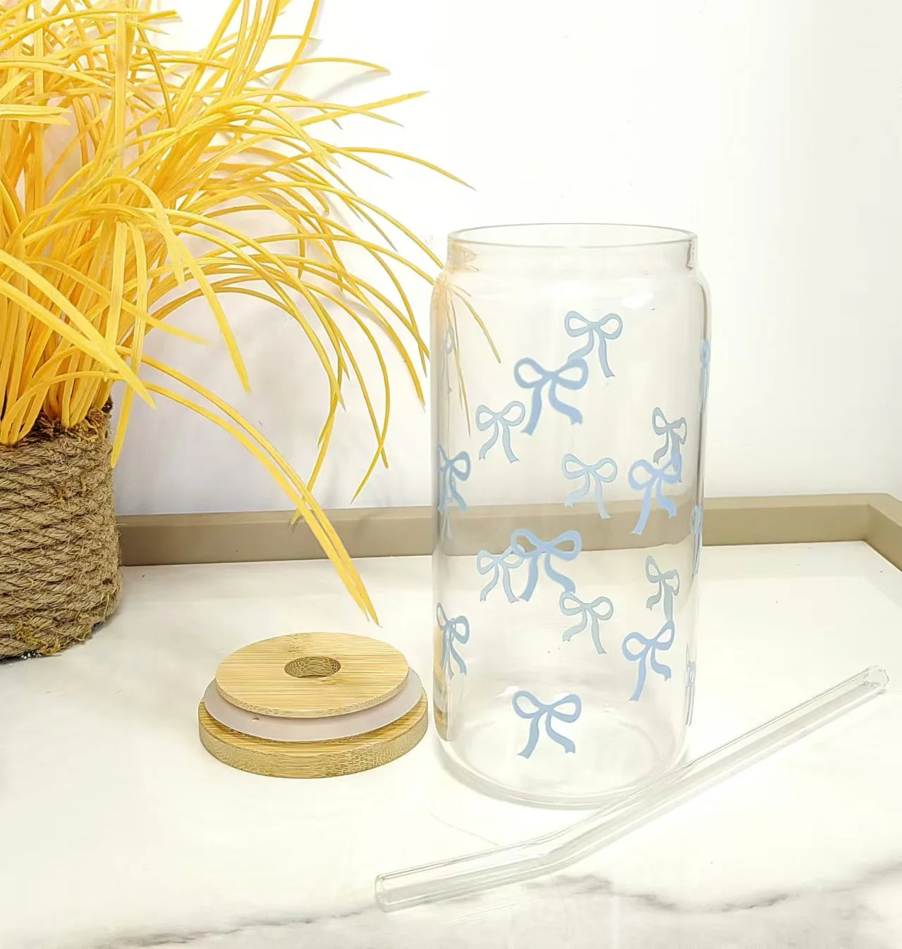 500ml Cute Bow Glass Cup Tumbler Mason Jar Shaped Water Bottle With Lids Straw Coffee Cups Party Gift for Iced Coffee Juice Cup