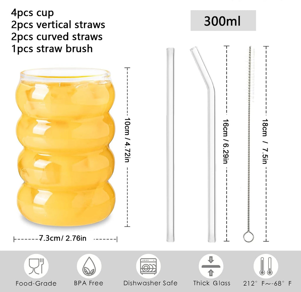 4pcs Creative Glass Cups Coffee Mug Clear Drinking Glasses Ribbed Glassware Cups With Straws Set Cocktail Fruit Glass Drinkware