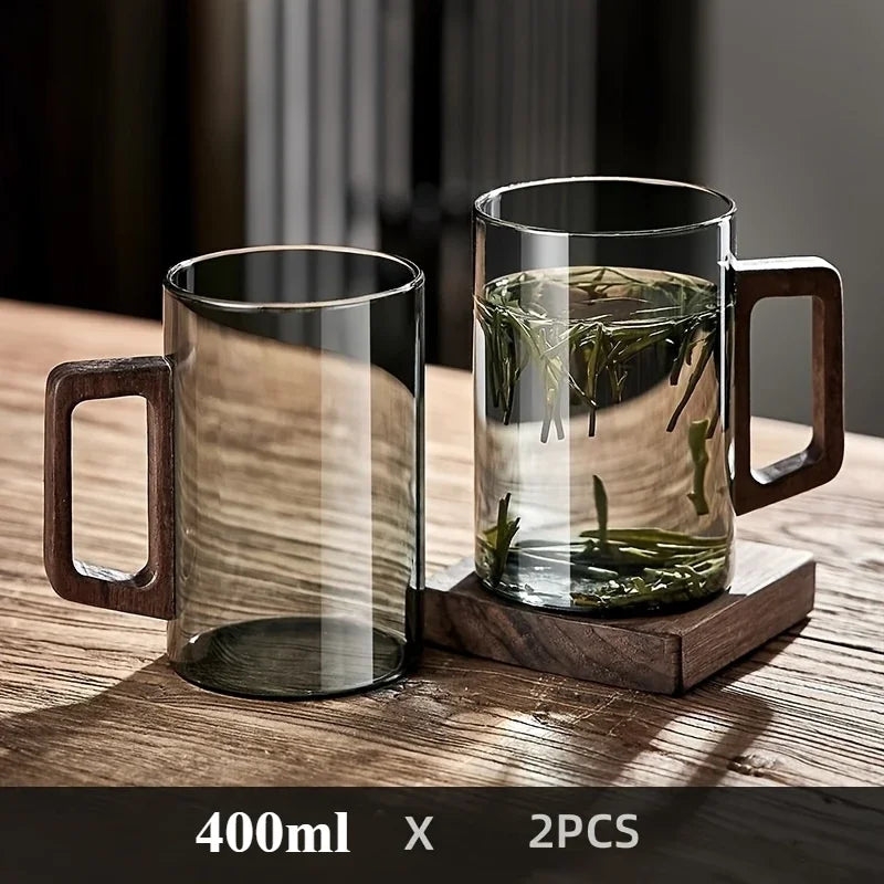 400ml Glass Cups with Walnut Handle