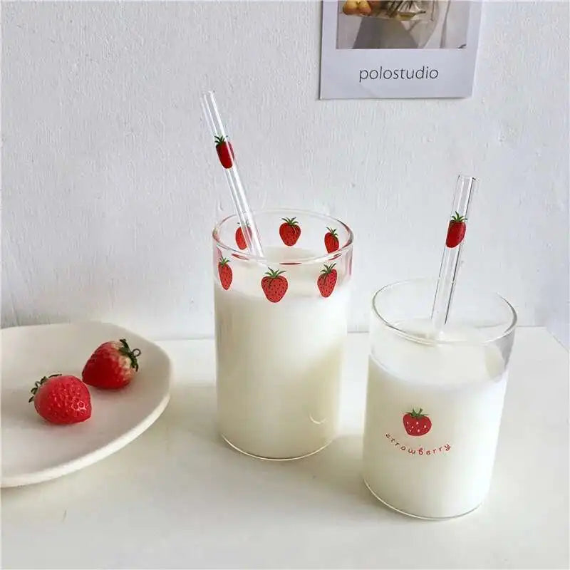 300 ML High Borosilicate Nana Cute Strawberry Water Milk Drinking Glasses Cup with Straw Upgrade Thickened Version Gift