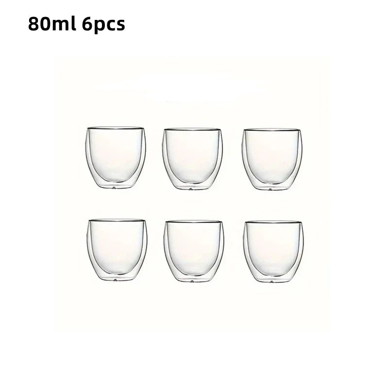 6pcs Double-Wall Insulated Glass Espresso Cups 80/150/250/350/450ml Insulated Thermal Glass Coffee Mug for Tea/Juice/Milk, Latte