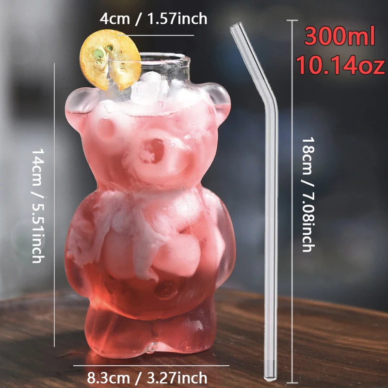 1/2pcs Cartoon Bear Shaped Glass Cup With Straw 300ml Transparent Juice Cocktail Glass Cup Restaurant Home Coffee Milk Cup