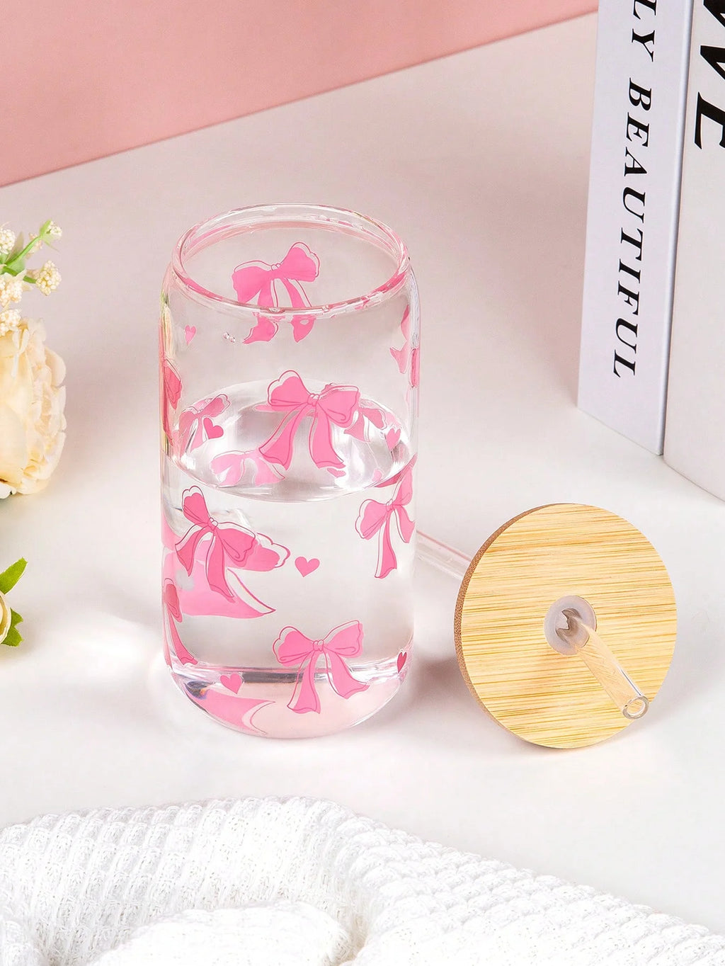 500ml Cute Bow Glass Cup Love Cherry Graffiti Pattern Water Bottle Coffee Cups With Lids Straw Brush Valentine's Day Party Gift
