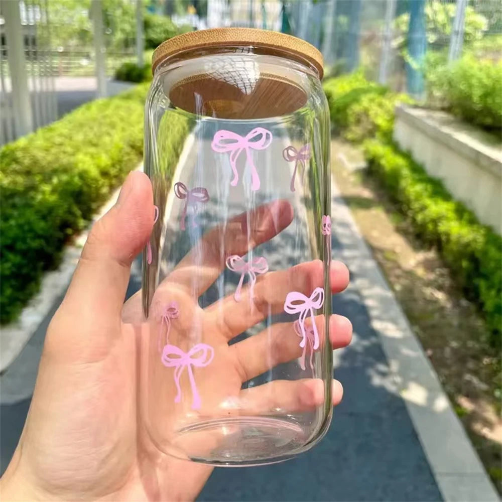 500ml Pink Bow Cute Glass Cups with Lids and Straw Tumbler Glass Cup for Iced Milk Coffee Smoothie Cocktail Matcha Juice Cup