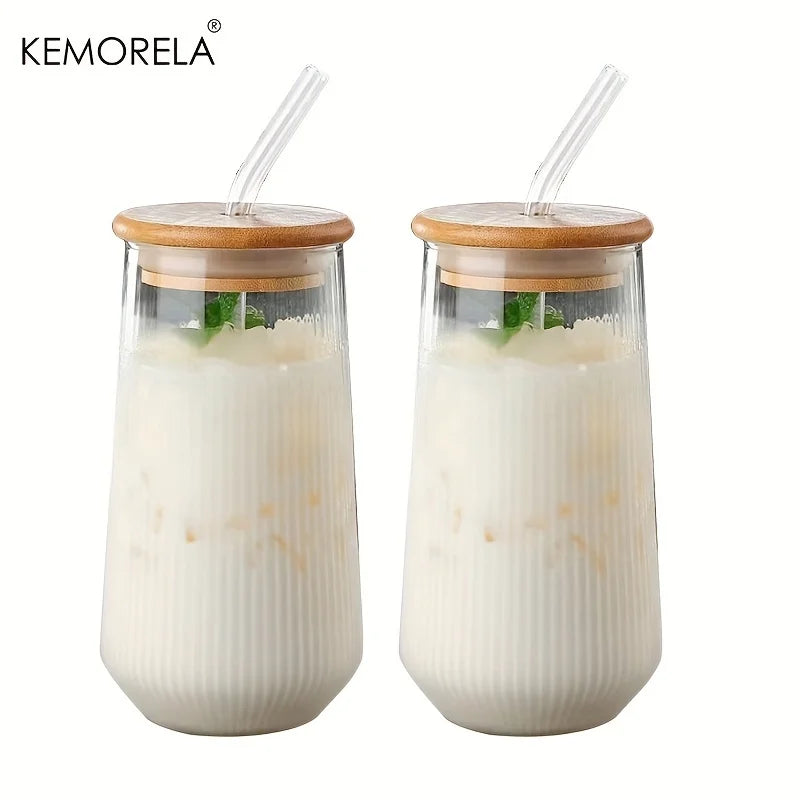 KEMORELA 1/2PCS Vertical Striped Glass With Lid and Straw Vertical Stripes - Suitable For Coffee Milk Juice Whiskey Soda Cups