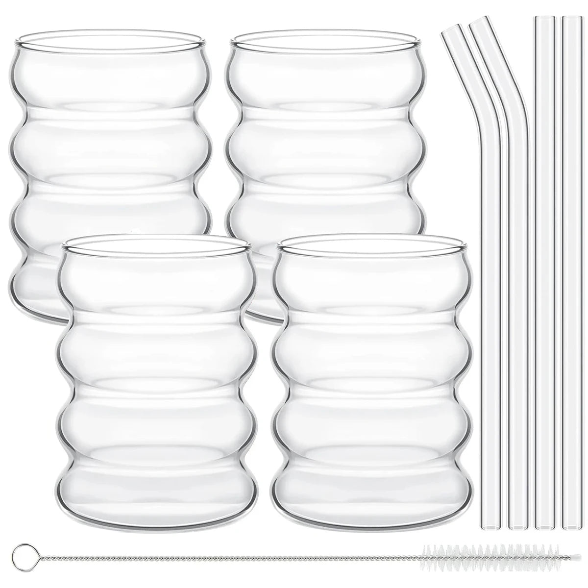Leeseph 4Pcs Creative Glass Cups Coffee Mug Vintage Drinking Glasses Ribbed Glassware Aesthetic Cups with Straws Set