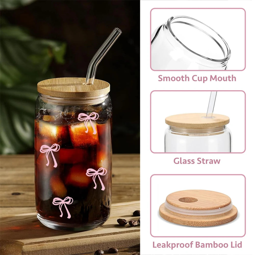500ml Pink Bow Cute Glass Cups with Lids and Straw Tumbler Glass Cup for Iced Milk Coffee Smoothie Cocktail Matcha Juice Cup