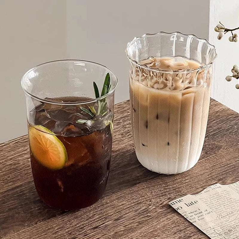 INS Transparent Glass Cups Creative Stripe Cold Coffee Mug Ice Juice Cocktail Drinking Cup Drinkware Water Wine Glass Bottle